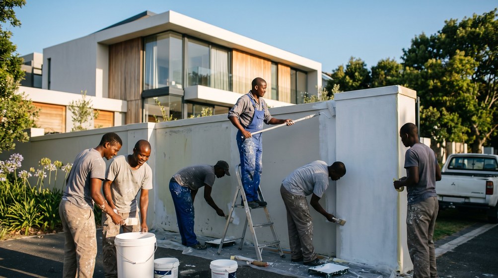 Professional team painting a boundary wall at a modern home in Yzerfontein