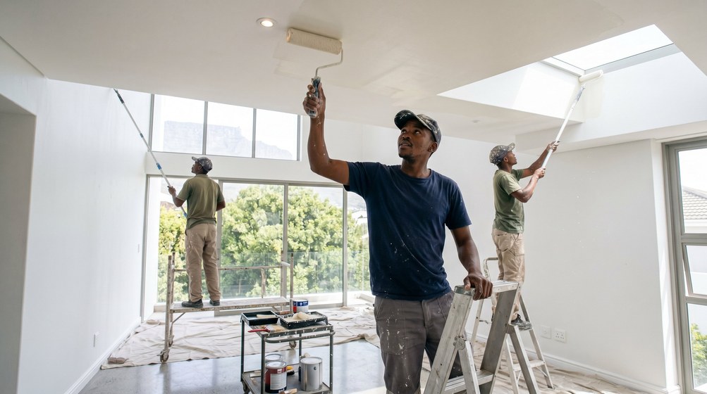 Professional ceiling painters rolling white paint onto a high ceiling in Yzerfontein