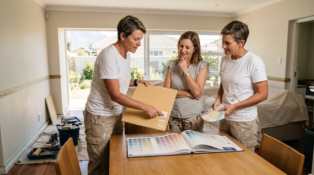 Professional colour consultant showing paint swatches to a homeowner in Yzerfontein
