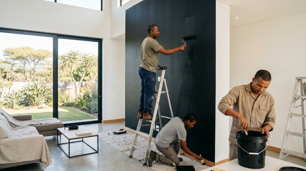 Professional painters creating a bold black feature wall in a modern Yzerfontein home