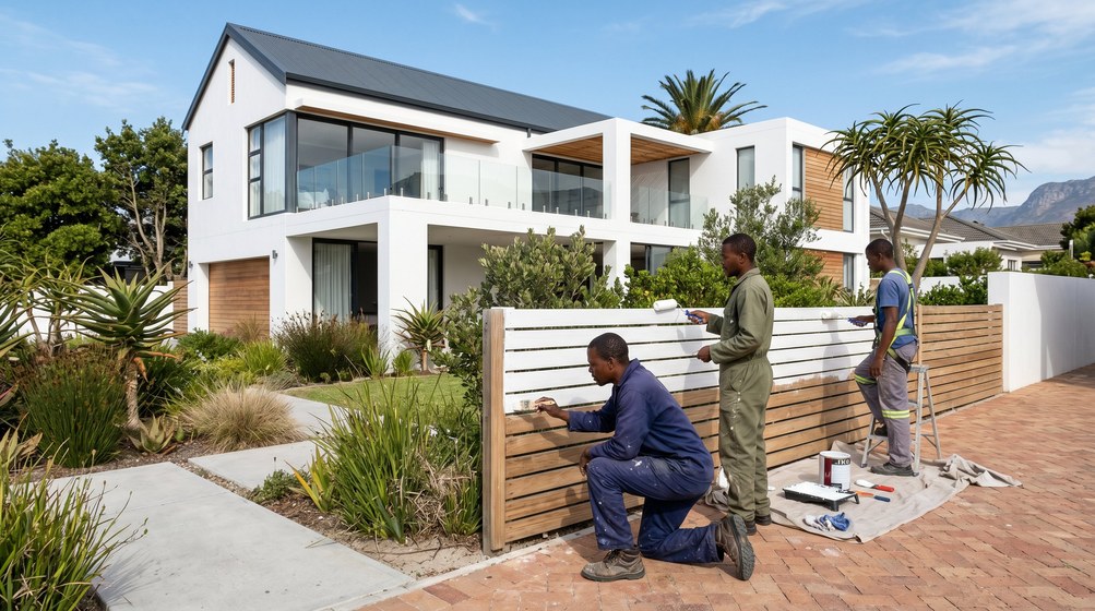 Professional fence painters painting a wooden fence at a coastal home in Yzerfontein