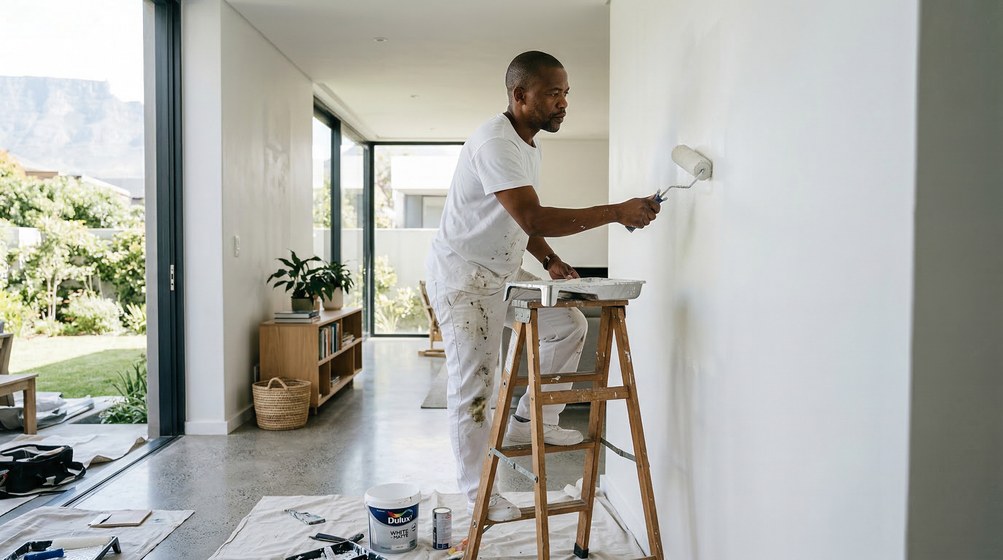 Professional interior painter in Yzerfontein painting walls with a roller