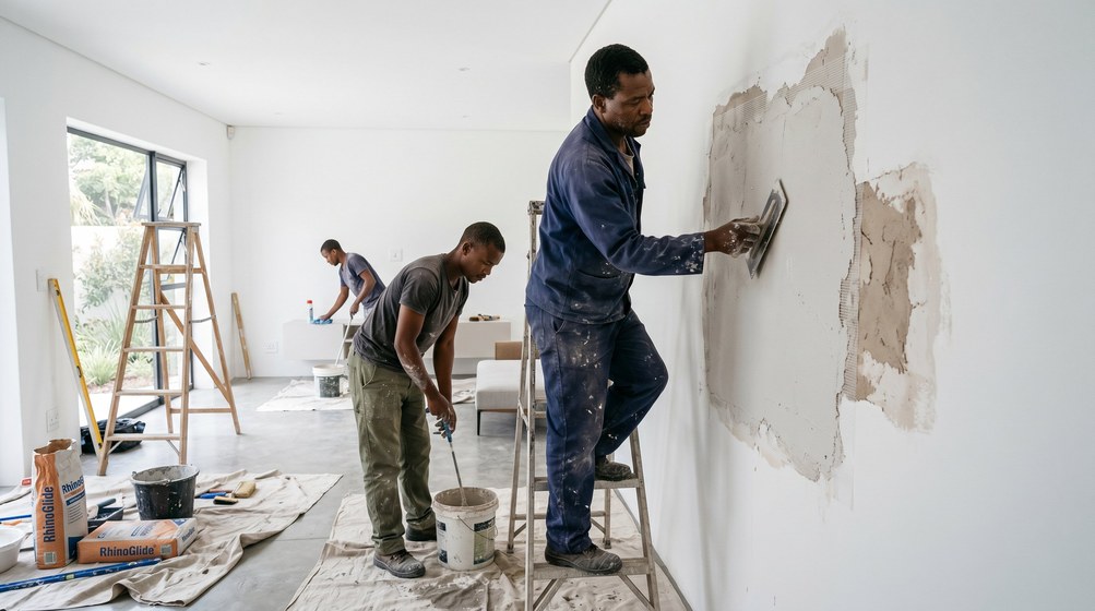 Professional plaster repair team skim coating damaged walls in Yzerfontein