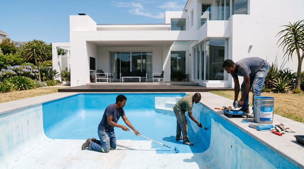 Professional pool painters applying blue pool paint to a swimming pool in Yzerfontein