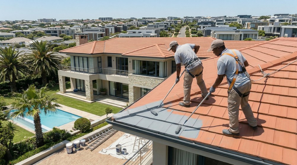 Professional roof painters applying waterproof coating to tiled roof in Yzerfontein