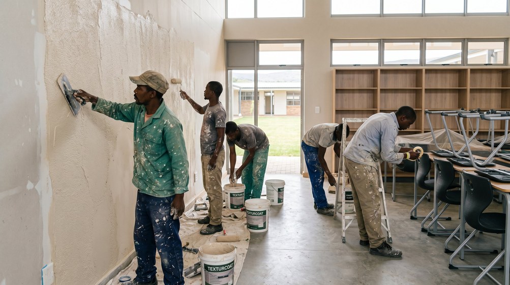 Professional texture coating team applying Texturcoat to interior walls in Yzerfontein