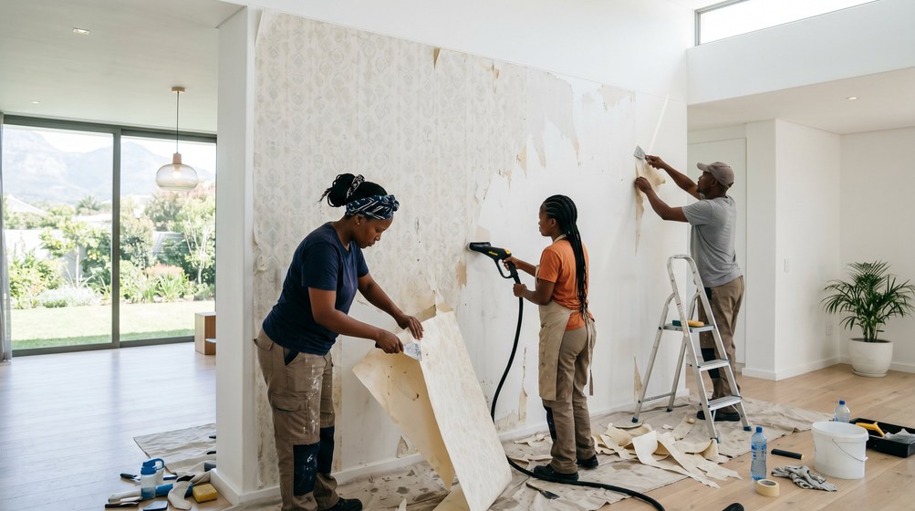Professional wallpaper removal team stripping old wallpaper in a Yzerfontein home