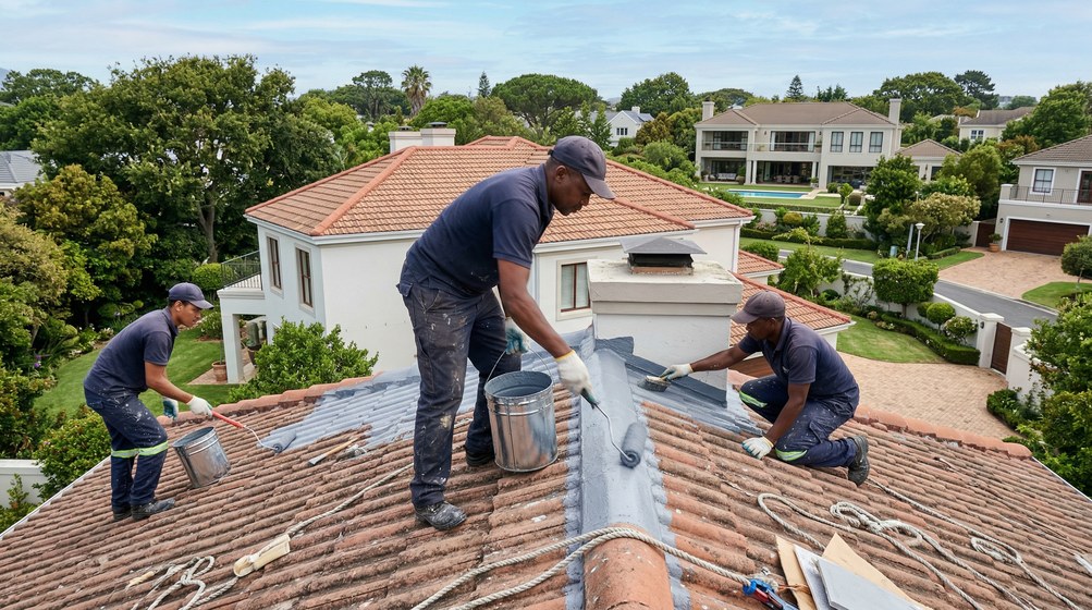 Professional waterproofing team applying membrane to roof in Yzerfontein