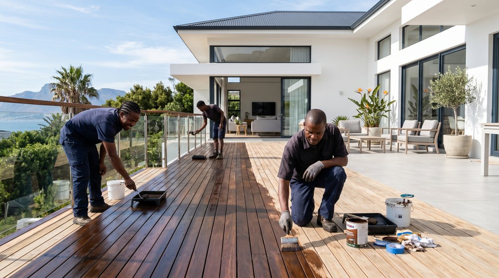 Professional wood staining team applying deck stain overlooking the ocean in Yzerfontein
